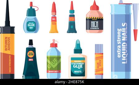 Glue containers. Plastic transparent bottles glue 3d tubes office supplies collection garish vector cartoon illustrations Stock Vector
