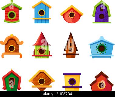 Colored bird houses. Wooden roofed living containers for flying birds trees houses garish vector flat pictures collection Stock Vector