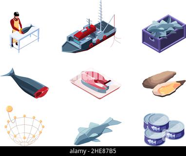 Fishing industry. Seafood production ocean commercial fishermen s working fishing and selling products garish vector isometric illustration isolated Stock Vector
