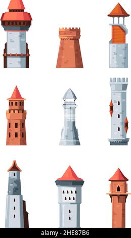 Medieval towers. Bastion fortress magical ancient old castles towers vintage fairytale buildings garish vector cartoon pictures set isolated Stock Vector