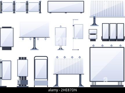 Urban billboards. Outdoor city place for banners various ads boards templates vector garish flat pictures isolated Stock Vector