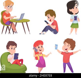 Gadgets kids. Adorable happy children using laptop smartphones tablets touch on digital phone screen holding electronic technics exact vector future Stock Vector