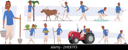 Indian farmer. Village rural character worker in nature exact vector indian people harvesting in cartoon style Stock Vector