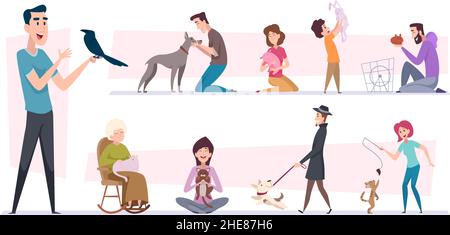 Pets owners. Dogs cats living with people funny puppy happy domestic animals playing birds fishes exact vector cartoon pictures set Stock Vector