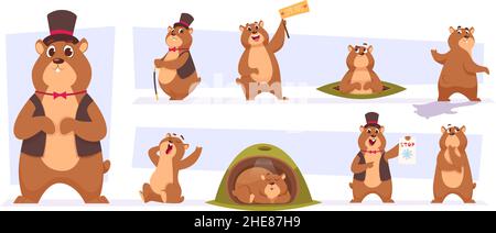 Groundhogs. Cute wild animals day of time loop groundhogs illustrations in cartoon style exact vector pictures set Stock Vector