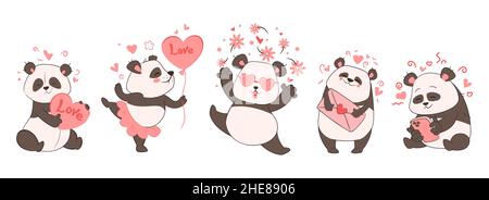 Valentine's day, cute panda with hearts and flowers, set of animal figurines for design and print.Vector illustration ,cartoon flat style Stock Vector