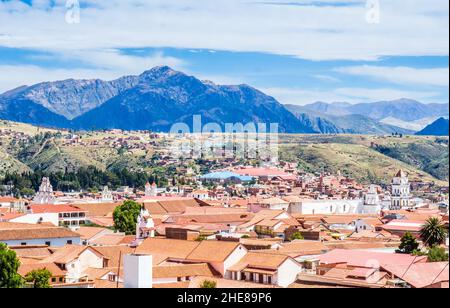 panoramic view of red tile roofs and white walls buildings at sucre white city in bolivia Stock Photo