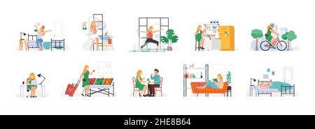 Everyday woman routine. Girls day mode. Free and working time. Rest and activity. Sleeping in bed and waking-up. Shopping and sports training. Cycling Stock Vector