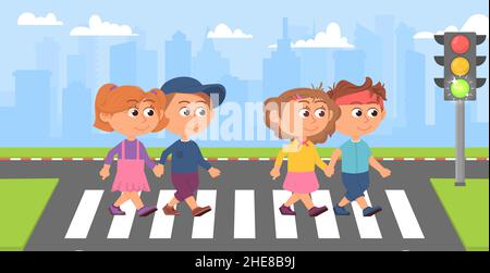 Kids on crosswalk. Kid street crossing, student on road. Green traffic light, safety in town. Cartoon children walk together, education decent vector Stock Vector