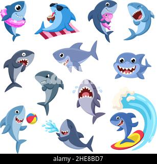 Cartoon shark. Funny sharks, sea predators. Ocean wildlife characters. Pink and blue fish with baby, smile water animals for kids, garish vector set Stock Vector