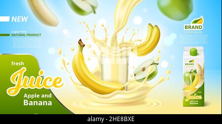 Fruit juice poster. Realistic mixed drink banner. Apple and banana with beverage splashes pouring in glass. Cardboard packaging design for branding Stock Vector