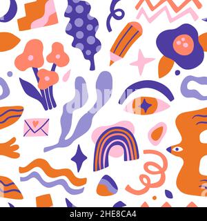 Seamless abstract pattern. Trendy creative shapes. Hand drawn random elements. Floral and bird decorative artistic card. Doodle flowers. Curve lines Stock Vector