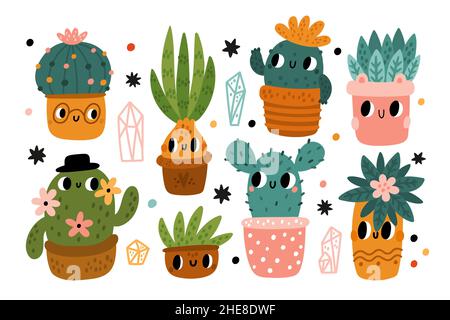 Cute cactus and succulents. Funny desert plants characters with faces. Happy cacti with flowers in different color pots. Childish style houseplants Stock Vector
