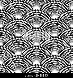 Wavy seamless black and white pattern. Seigaiha ornament in Japanese style. Doodle print polka dot hand drawn. Peacock tail. Banner illustration Stock Vector
