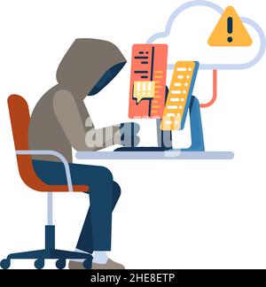 Hacker in hood working on computer. Ilegal digital activity Stock Vector