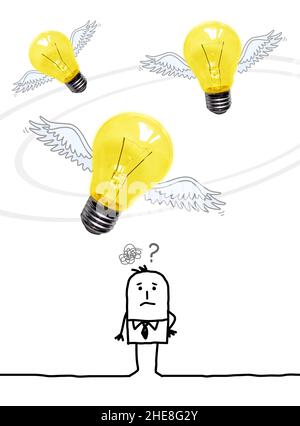 Hand drawn Cartoon man with Flying Light bulbs over his head Stock Photo