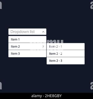 Drop-down list with menu items for the website. With a child drop-down list. The view is in the expanded state. User interface for the website and Stock Vector