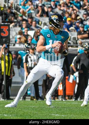 Jacksonville, FL, USA. 9th Jan, 2022. Jacksonville Jaguars quarterback  Trevor Lawrence (16) during 2nd half NFL football game between the  Indianapolis Colts and the Jacksonville Jaguars. Jaguars defeated the Colts  26-11 at