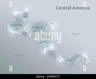 Central America map with capitals of states, design glass card 3D vector Stock Vector