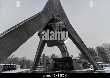 Winter in Serbia: Snow in Avala Mountain and tower, Belgrade Stock Photo