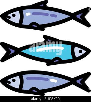 Sea fish color vector icon set. Sardine icons isolated illustration, web design sign, simple flat concept symbol. Illustration isolated on white backg Stock Vector