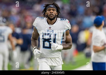 January 9, 2022: Houston Texans wide receiver Nico Collins (12) carries the  ball after a catch during an NFL game between the Texans and the Titans on  Jan. 9, 2022 in Houston