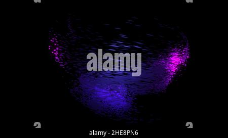 Organized movement of dynamic colorful particles in a form of a 3D sphere on black background. Technological background, blue and purple atoms flying Stock Photo