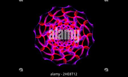 Abstract geometric kaleidoscope pattern with moving figure looking like flower isolated on black background. Multicolored hypnotic mandala, motion gra Stock Photo