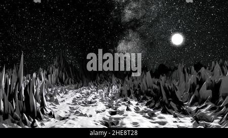 Cosmic, monochrome landscape, environment of the rocky planet, detailed ...