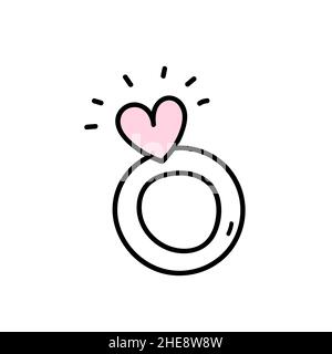 Cute ring with heart shaped diamond isolated on white background. Vector hand-drawn illustration in doodle style. Perfect for Valentines day designs, cards, decorations, invitations. Stock Vector
