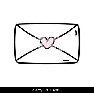 Cute closed envelope with heart isolated on white background. Vector hand-drawn illustration in doodle style. Perfect for Valentines day designs, cards, decorations. Stock Vector