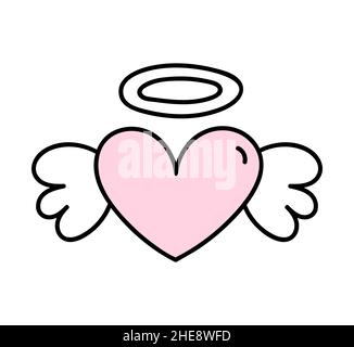 Cute heart with wings and a halo isolated on white background. Vector hand-drawn illustration in doodle style. Perfect for Valentines day designs, cards, decorations. Stock Vector