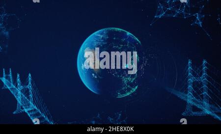 Digital data globe, abstract 3D scientific and technological background. Earth planet surrounded by schematic bridges of dots and lines, plexus style, Stock Photo