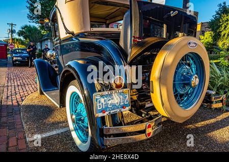 Fernandina Beach, FL - October 18, 2014: Wide Angle low perspective rear corner detail view of a 1931 Ford Model A coupe equipped with a rumble seat a Stock Photo