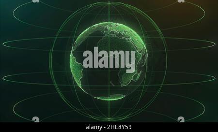 Abstract futuristic rotating world globe in particles or small dots. Modern technology background for broadcast. Virtual digital planet Earth on black Stock Photo