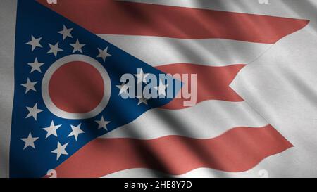 Close up of Ohio state flag flowing slowly and forming ripples, seamless loop. Abstract colorful flag one of United states waving in the wind. Stock Photo
