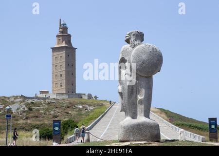 Statue of Breogan, the mythical Celtic king from Galicia and mythological father of the Galician nation located near the Tower of Hercules in A Coruna Stock Photo