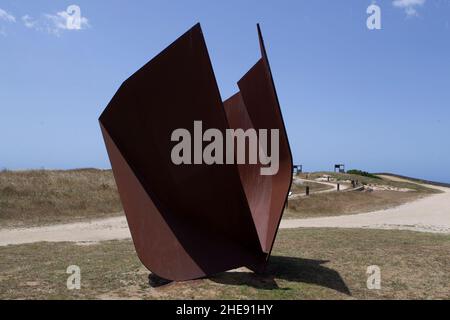 The Sun Cup is a sculpture of the Sculpture Park of the Tower of Hercules in A Coruna, a work by Pepe Galán made of corten steel Stock Photo