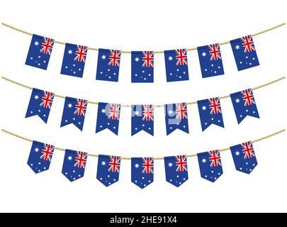 Australia flag on the ropes on white background. Set of Patriotic bunting flags. Bunting decoration of Australia flag Stock Vector