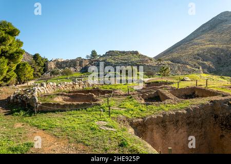 The ancient Bronze age mountaintop fortress of the Mycenaeans in the Peloponnese of Greece, Mycenae. Stock Photo