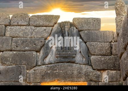 The ancient Lion's Gate entry into the Bronze age fortress of Mycenae in the Pelopponese area of Greece. Stock Photo