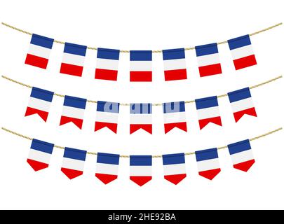 France flag on the ropes on white background. Set of Patriotic bunting flags. Bunting decoration of France flag Stock Vector