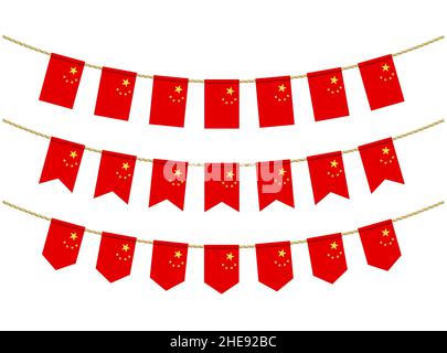 China flag on the ropes on white background. Set of Patriotic bunting flags. Bunting decoration of China flag Stock Vector