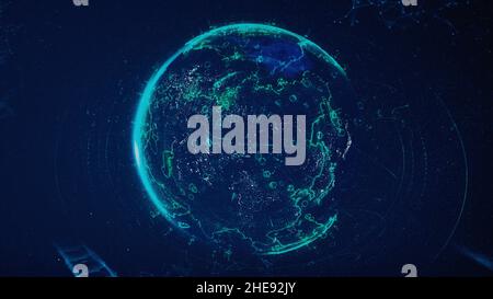 Digital data globe, abstract 3D scientific and technological background. Earth planet surrounded by schematic bridges of dots and lines, plexus style, Stock Photo