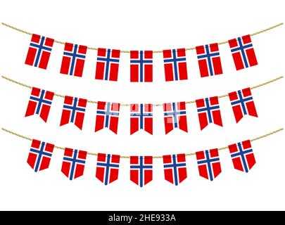 Norway flag on the ropes on white background. Set of Patriotic bunting flags. Bunting decoration of Norway flag Stock Vector