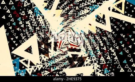 Abstract psychedelic tunnel formed by many triangle frames rotating and flying away in the darkness. 3D amazing graphics motion. Stock Photo