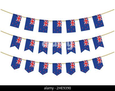 New Zealand flag on the ropes on white background. Set of Patriotic bunting flags. Bunting decoration of New Zealand flag Stock Vector