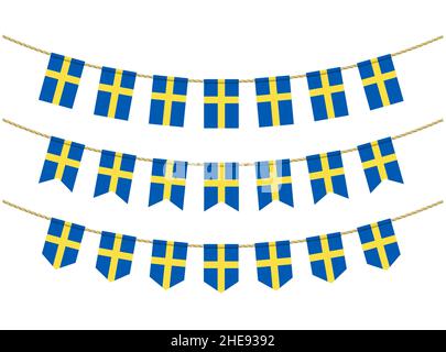 Sweden flag on the ropes on white background. Set of Patriotic bunting flags. Bunting decoration of Sweden flag Stock Vector