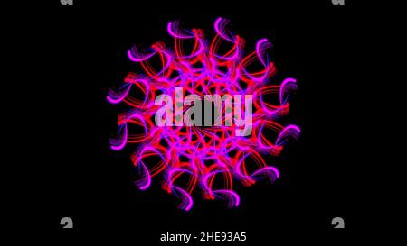 Abstract geometric kaleidoscope pattern with moving figure looking like flower isolated on black background. Multicolored hypnotic mandala, motion gra Stock Photo