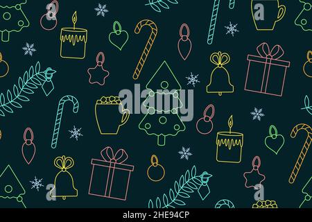 Christmas black seamless pattern with linear colored elements on dark background. New Year tree, mug, candle, candy, wreath, gift, branch, bell. Wrapping paper for presents, for websites. Vector Stock Vector